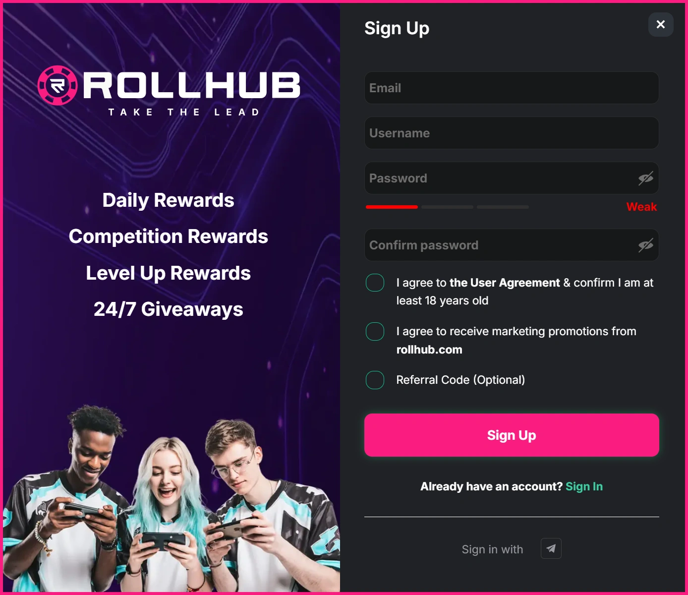 Login and Registration at Rollhub Casino